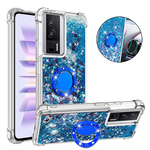 Coque Silicone Housse Etui Gel Bling-Bling avec Support Bague Anneau S01 pour Xiaomi Redmi K60 5G Bleu