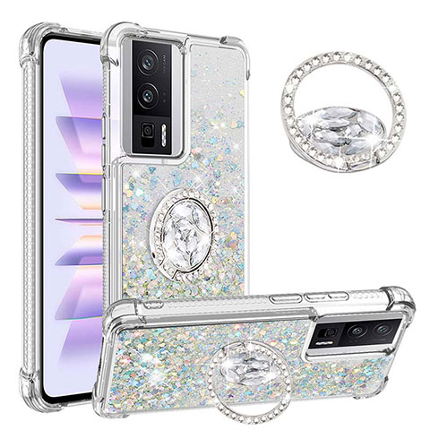 Coque Silicone Housse Etui Gel Bling-Bling avec Support Bague Anneau S01 pour Xiaomi Redmi K60 5G Bleu Ciel