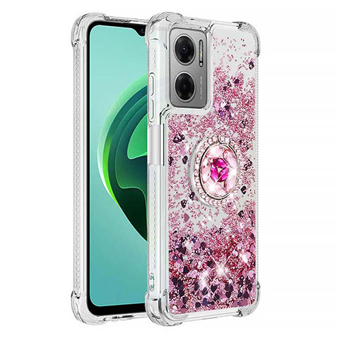 Coque Silicone Housse Etui Gel Bling-Bling avec Support Bague Anneau S01 pour Xiaomi Redmi Note 11E 5G Rose Rouge