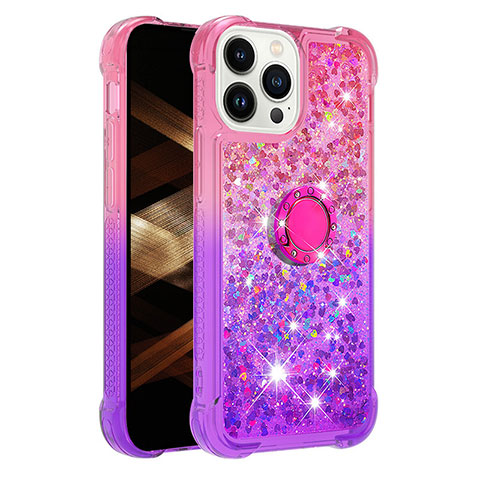 Coque Silicone Housse Etui Gel Bling-Bling avec Support Bague Anneau S02 pour Apple iPhone 13 Pro Rose Rouge