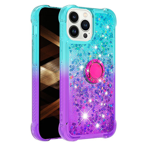 Coque Silicone Housse Etui Gel Bling-Bling avec Support Bague Anneau S02 pour Apple iPhone 14 Pro Bleu Ciel