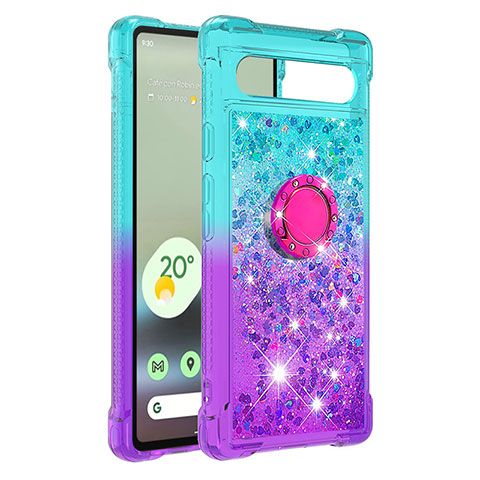 Coque Silicone Housse Etui Gel Bling-Bling avec Support Bague Anneau S02 pour Google Pixel 7a 5G Bleu Ciel