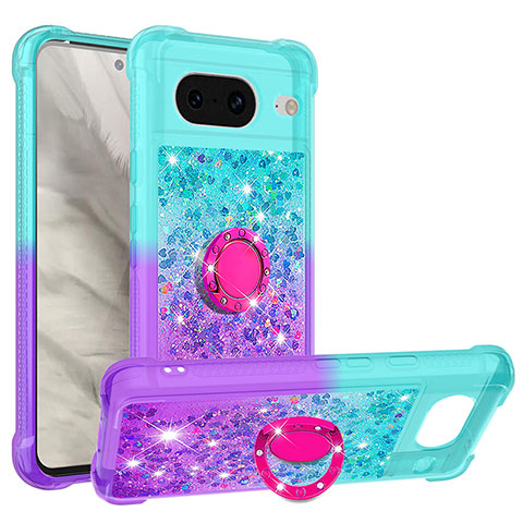 Coque Silicone Housse Etui Gel Bling-Bling avec Support Bague Anneau S02 pour Google Pixel 8 5G Bleu Ciel