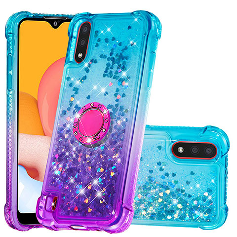 Coque Silicone Housse Etui Gel Bling-Bling avec Support Bague Anneau S02 pour Samsung Galaxy A01 SM-A015 Bleu Ciel