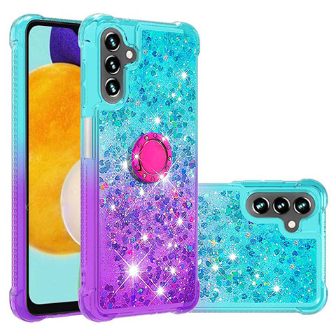 Coque Silicone Housse Etui Gel Bling-Bling avec Support Bague Anneau S02 pour Samsung Galaxy A04s Bleu Ciel