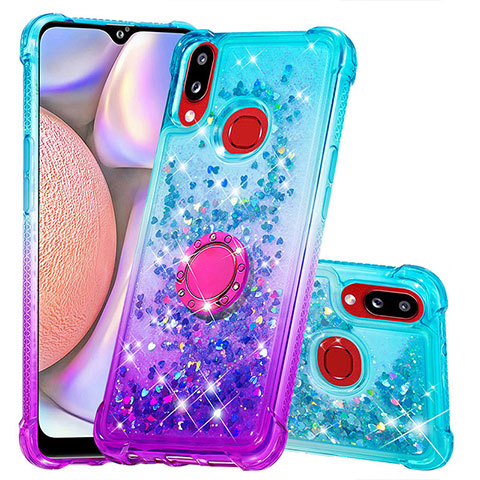 Coque Silicone Housse Etui Gel Bling-Bling avec Support Bague Anneau S02 pour Samsung Galaxy A10s Bleu Ciel