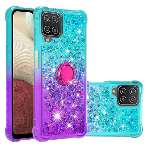 Coque Silicone Housse Etui Gel Bling-Bling avec Support Bague Anneau S02 pour Samsung Galaxy A12 5G Bleu Ciel