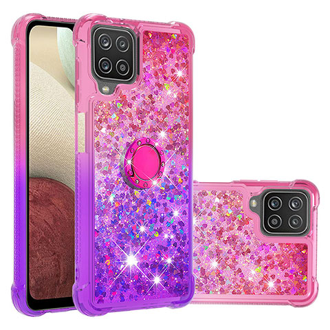 Coque Silicone Housse Etui Gel Bling-Bling avec Support Bague Anneau S02 pour Samsung Galaxy A12 5G Rose Rouge