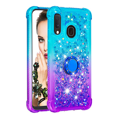 Coque Silicone Housse Etui Gel Bling-Bling avec Support Bague Anneau S02 pour Samsung Galaxy A20e Bleu Ciel