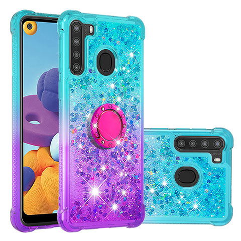 Coque Silicone Housse Etui Gel Bling-Bling avec Support Bague Anneau S02 pour Samsung Galaxy A21 Bleu Ciel