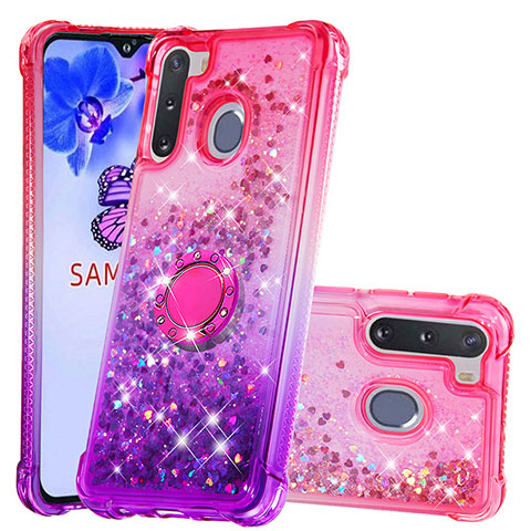 Coque Silicone Housse Etui Gel Bling-Bling avec Support Bague Anneau S02 pour Samsung Galaxy A21 European Rose Rouge