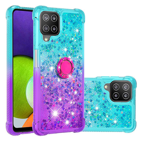 Coque Silicone Housse Etui Gel Bling-Bling avec Support Bague Anneau S02 pour Samsung Galaxy A22 4G Bleu Ciel