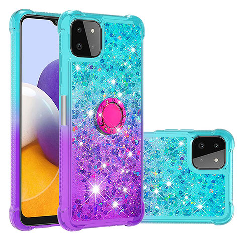 Coque Silicone Housse Etui Gel Bling-Bling avec Support Bague Anneau S02 pour Samsung Galaxy A22 5G Bleu Ciel