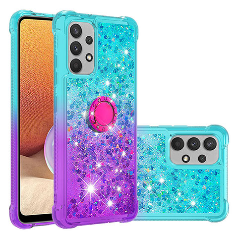 Coque Silicone Housse Etui Gel Bling-Bling avec Support Bague Anneau S02 pour Samsung Galaxy A32 4G Bleu Ciel