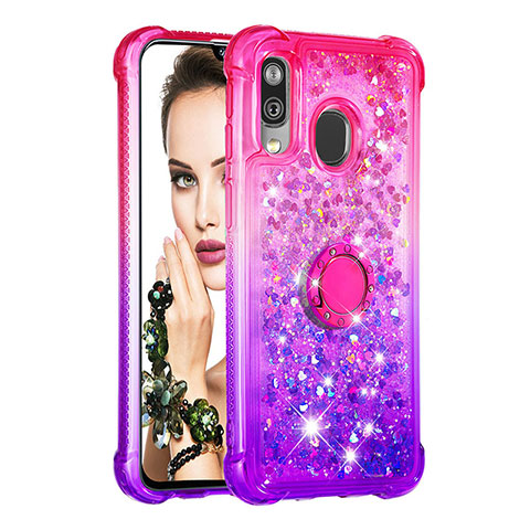 Coque Silicone Housse Etui Gel Bling-Bling avec Support Bague Anneau S02 pour Samsung Galaxy A40 Rose Rouge