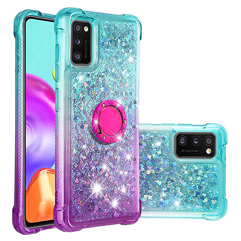 Coque Silicone Housse Etui Gel Bling-Bling avec Support Bague Anneau S02 pour Samsung Galaxy A41 Bleu Ciel