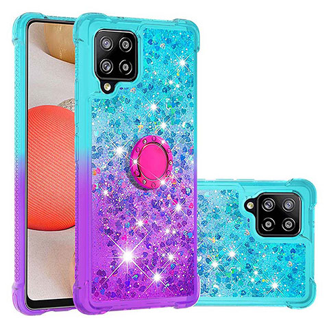 Coque Silicone Housse Etui Gel Bling-Bling avec Support Bague Anneau S02 pour Samsung Galaxy A42 5G Bleu Ciel