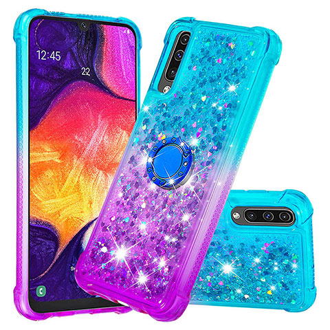 Coque Silicone Housse Etui Gel Bling-Bling avec Support Bague Anneau S02 pour Samsung Galaxy A50S Bleu Ciel