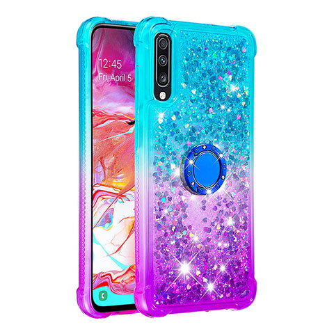 Coque Silicone Housse Etui Gel Bling-Bling avec Support Bague Anneau S02 pour Samsung Galaxy A70 Bleu Ciel