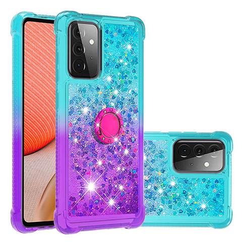 Coque Silicone Housse Etui Gel Bling-Bling avec Support Bague Anneau S02 pour Samsung Galaxy A72 4G Bleu Ciel