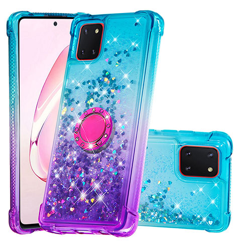 Coque Silicone Housse Etui Gel Bling-Bling avec Support Bague Anneau S02 pour Samsung Galaxy A81 Bleu Ciel