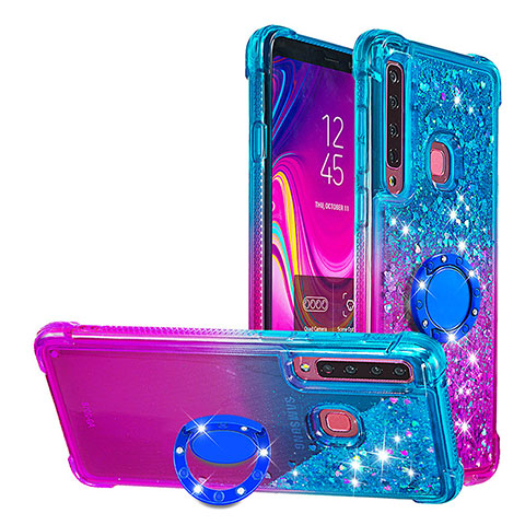 Coque Silicone Housse Etui Gel Bling-Bling avec Support Bague Anneau S02 pour Samsung Galaxy A9 (2018) A920 Bleu Ciel