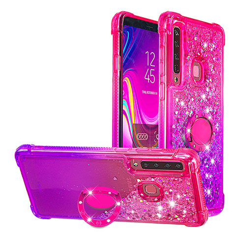 Coque Silicone Housse Etui Gel Bling-Bling avec Support Bague Anneau S02 pour Samsung Galaxy A9 Star Pro Rose Rouge