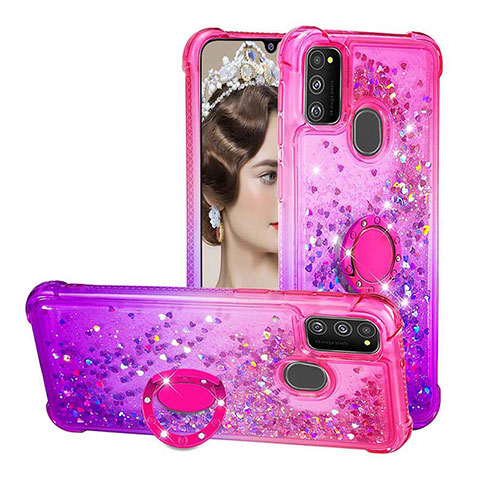 Coque Silicone Housse Etui Gel Bling-Bling avec Support Bague Anneau S02 pour Samsung Galaxy M21 Rose Rouge