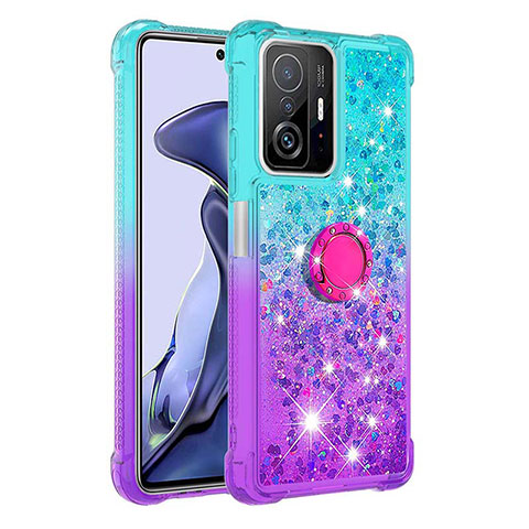 Coque Silicone Housse Etui Gel Bling-Bling avec Support Bague Anneau S02 pour Xiaomi Mi 11T 5G Bleu Ciel