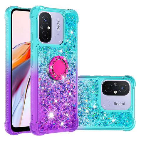 Coque Silicone Housse Etui Gel Bling-Bling avec Support Bague Anneau S02 pour Xiaomi Poco C55 Bleu Ciel