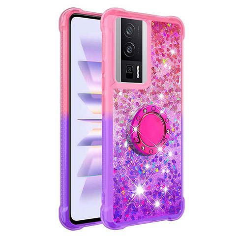 Coque Silicone Housse Etui Gel Bling-Bling avec Support Bague Anneau S02 pour Xiaomi Poco F5 Pro 5G Rose Rouge