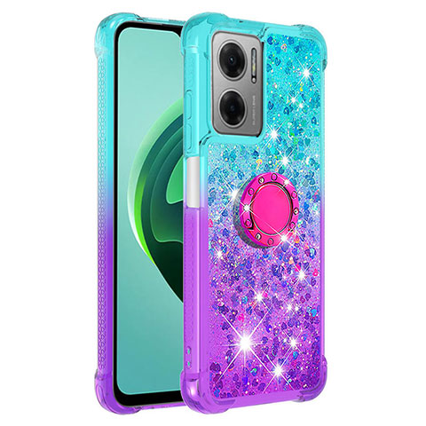 Coque Silicone Housse Etui Gel Bling-Bling avec Support Bague Anneau S02 pour Xiaomi Redmi 11 Prime 5G Bleu Ciel