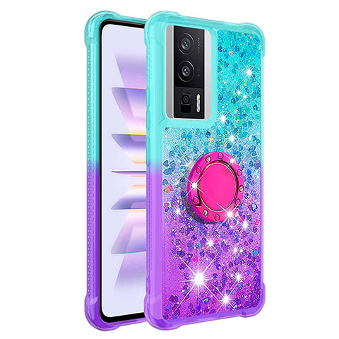 Coque Silicone Housse Etui Gel Bling-Bling avec Support Bague Anneau S02 pour Xiaomi Redmi K60 5G Bleu Ciel