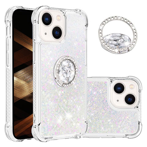 Coque Silicone Housse Etui Gel Bling-Bling avec Support Bague Anneau S03 pour Apple iPhone 13 Argent