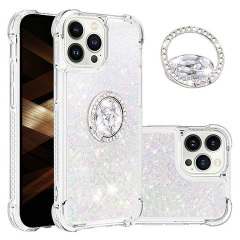 Coque Silicone Housse Etui Gel Bling-Bling avec Support Bague Anneau S03 pour Apple iPhone 13 Pro Argent