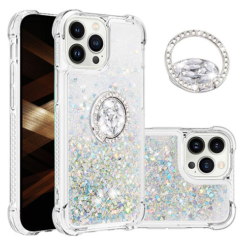 Coque Silicone Housse Etui Gel Bling-Bling avec Support Bague Anneau S03 pour Apple iPhone 13 Pro Bleu Clair