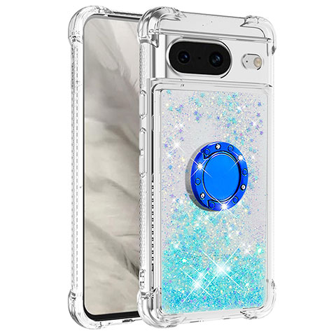 Coque Silicone Housse Etui Gel Bling-Bling avec Support Bague Anneau S03 pour Google Pixel 8 5G Bleu Ciel