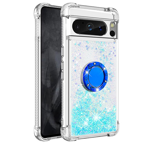 Coque Silicone Housse Etui Gel Bling-Bling avec Support Bague Anneau S03 pour Google Pixel 8 Pro 5G Bleu Ciel