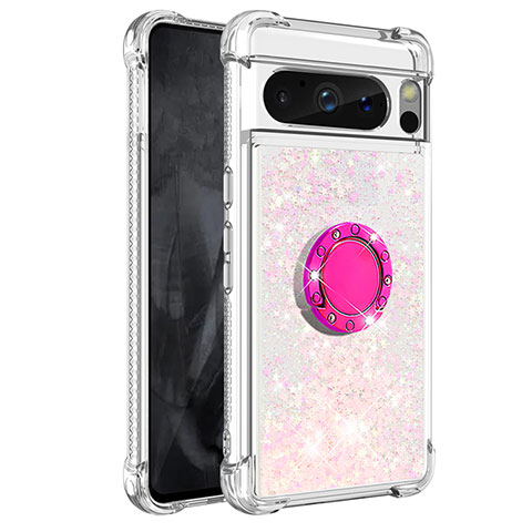 Coque Silicone Housse Etui Gel Bling-Bling avec Support Bague Anneau S03 pour Google Pixel 8 Pro 5G Rose