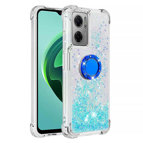 Coque Silicone Housse Etui Gel Bling-Bling avec Support Bague Anneau S03 pour Xiaomi Redmi 11 Prime 5G Bleu Ciel