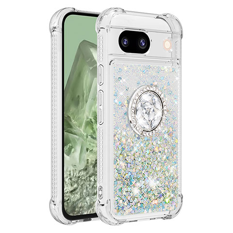 Coque Silicone Housse Etui Gel Bling-Bling avec Support Bague Anneau YB1 pour Google Pixel 8a 5G Argent