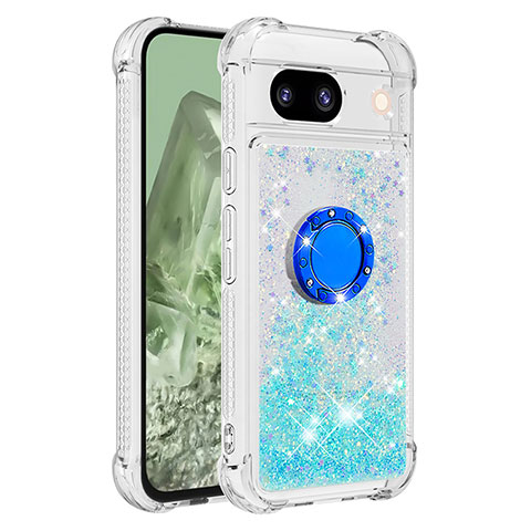 Coque Silicone Housse Etui Gel Bling-Bling avec Support Bague Anneau YB1 pour Google Pixel 8a 5G Bleu Clair