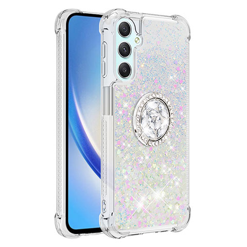 Coque Silicone Housse Etui Gel Bling-Bling avec Support Bague Anneau YB1 pour Samsung Galaxy A25 5G Argent