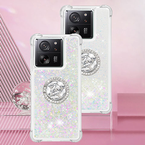 Coque Silicone Housse Etui Gel Bling-Bling avec Support Bague Anneau YB1 pour Xiaomi Mi 13T Pro 5G Argent