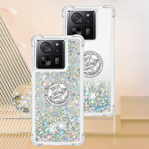 Coque Silicone Housse Etui Gel Bling-Bling avec Support Bague Anneau YB1 pour Xiaomi Mi 13T Pro 5G Bleu Clair