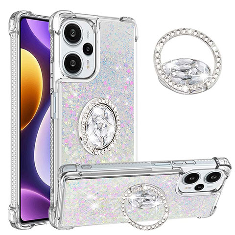 Coque Silicone Housse Etui Gel Bling-Bling avec Support Bague Anneau YB1 pour Xiaomi Poco F5 5G Argent