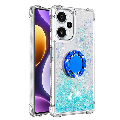 Coque Silicone Housse Etui Gel Bling-Bling avec Support Bague Anneau YB1 pour Xiaomi Poco F5 5G Bleu Ciel