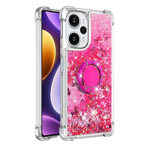 Coque Silicone Housse Etui Gel Bling-Bling avec Support Bague Anneau YB1 pour Xiaomi Poco F5 5G Rose Rouge