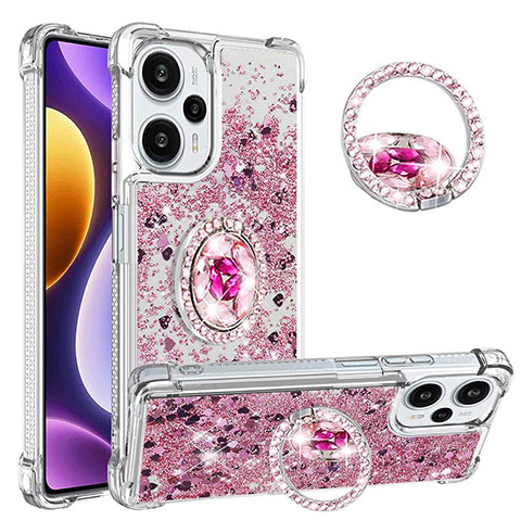 Coque Silicone Housse Etui Gel Bling-Bling avec Support Bague Anneau YB1 pour Xiaomi Poco F5 5G Rouge