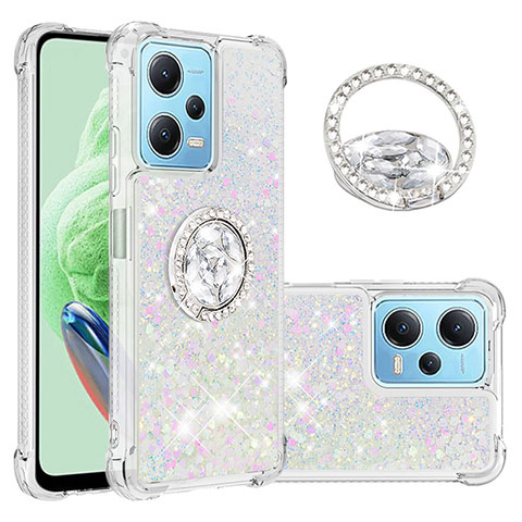 Coque Silicone Housse Etui Gel Bling-Bling avec Support Bague Anneau YB1 pour Xiaomi Poco X5 5G Argent